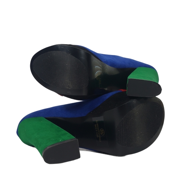 Faux Suede Colorblock Platform Heels Size 8.5 Round Toe Chunky Cosplay Costume - Picture 7 of 9